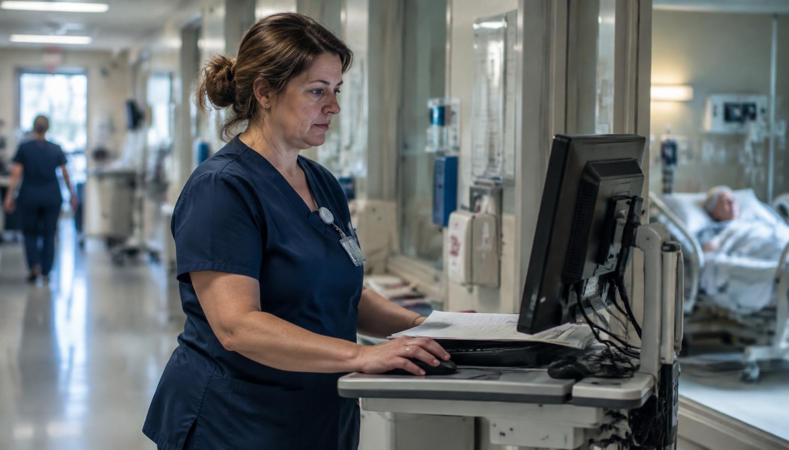 A hospital nurse reviewing a patient chart at a clinical workstation