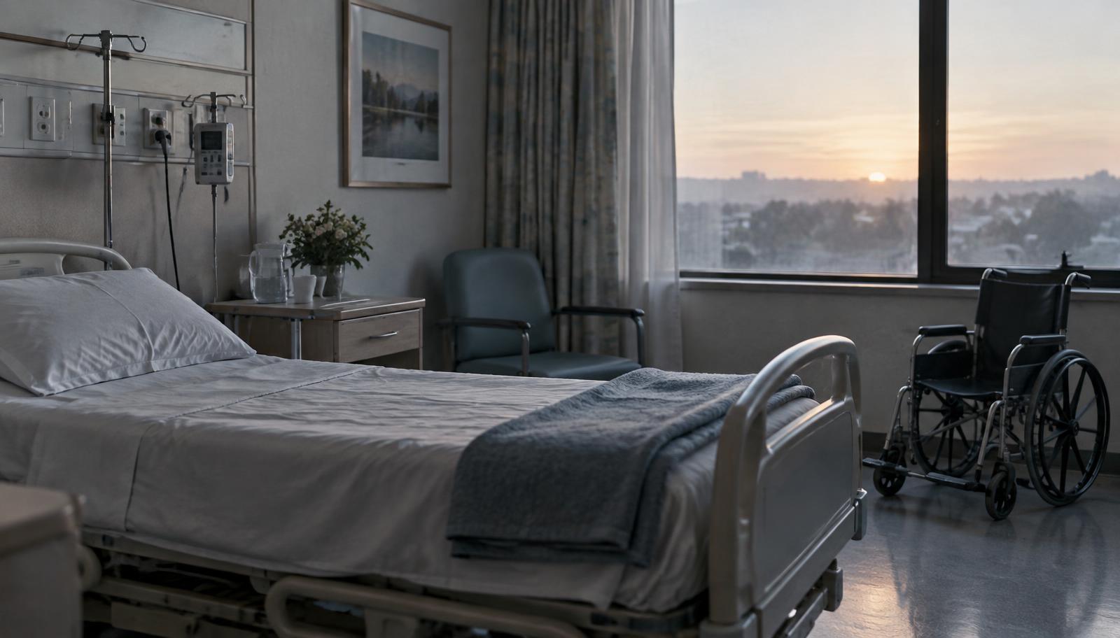 An empty hospital room in early morning light after a patient discharge